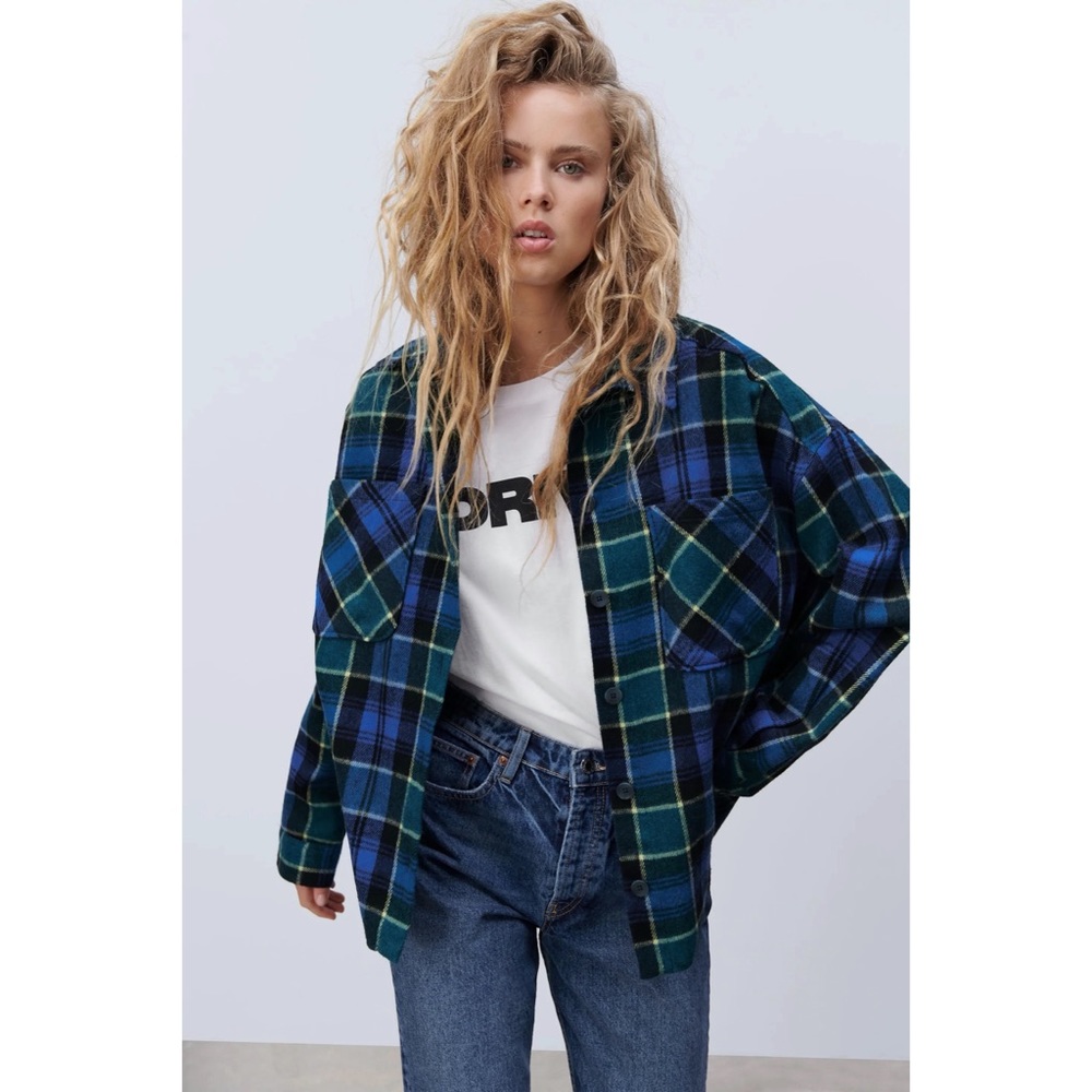 ZARA Oversized Green and Blue Oversized Shirt Shacket NWT - Picture 2 of 11